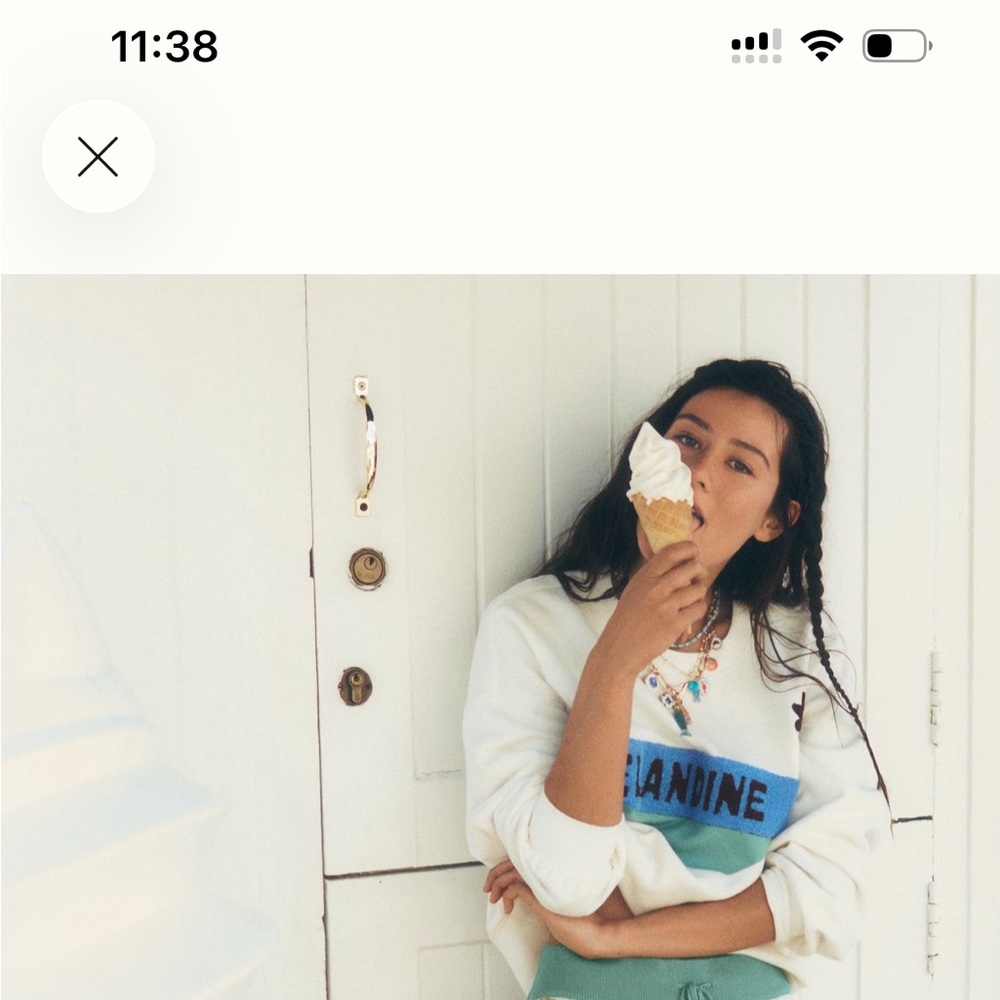 Anthropologie Cream Crewneck Sweater with Blue and Teal Stripe